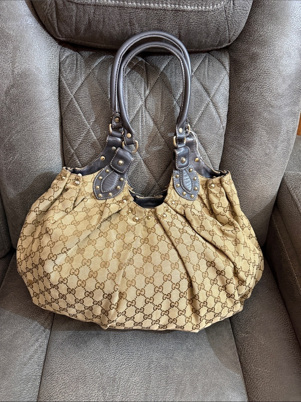 Gucci Monogram Canvas Shoulder Bag in Beige and Brown